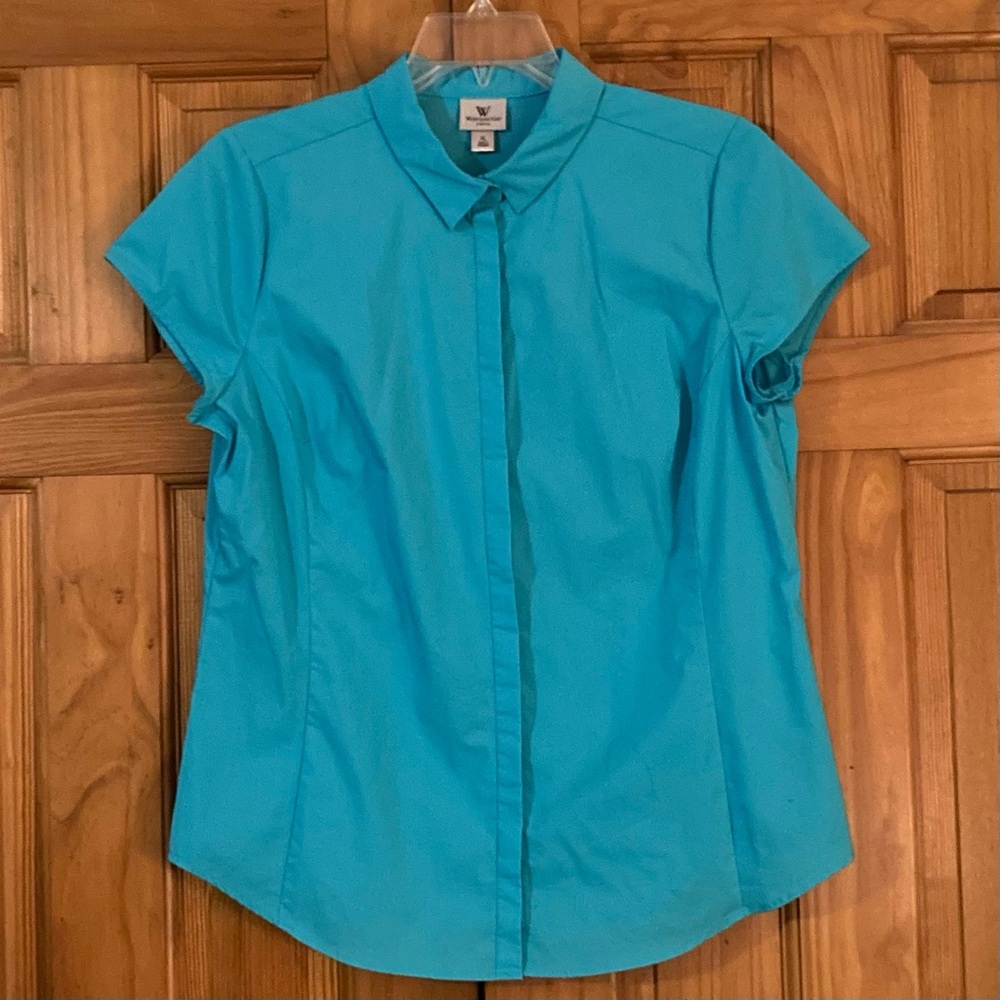 NWOT Worthington Stretch Vintage 90s Top Short Sleeve Blouse Blue Size XL